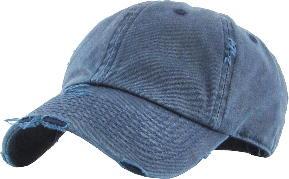 Pigment Washed Navy Blue Distressed Vintage Baseball Cap Front Side View